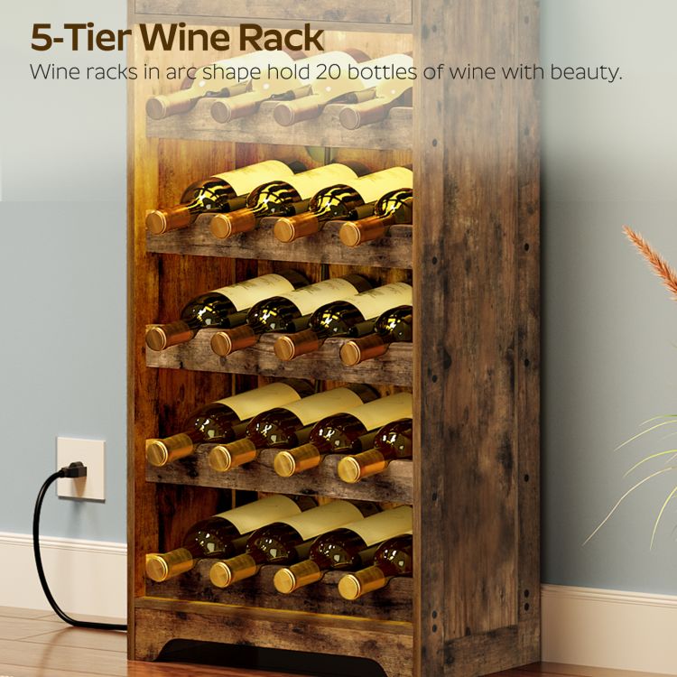 Wine Cabinet, Tall Storage Cabinet with Power Outlet, 6 Tier Freestanding Cabinet, with LED Lights and Drawer, Narrow Sideboard Buffet Cabinet for Living Room