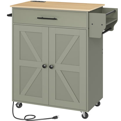 HOOBRO Mobile Kitchen Island Cart with Charging Station and Storage Cabinet