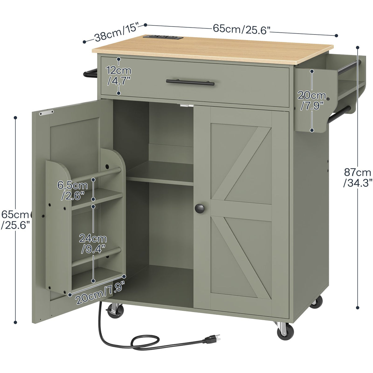 HOOBRO Mobile Kitchen Island Cart with Charging Station and Storage Cabinet