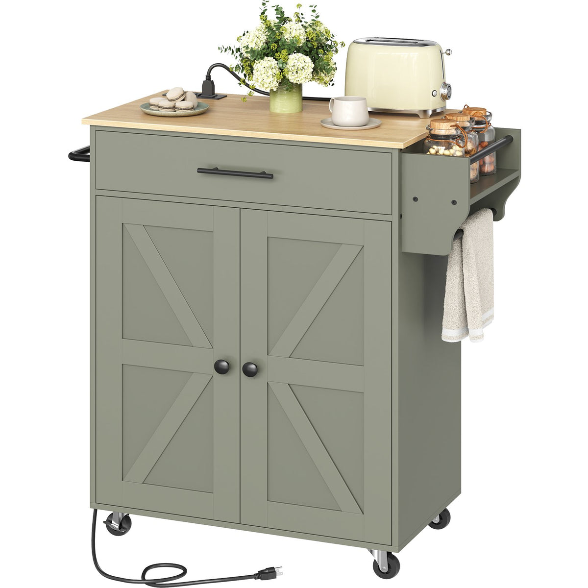 HOOBRO Mobile Kitchen Island Cart with Charging Station and Storage Cabinet