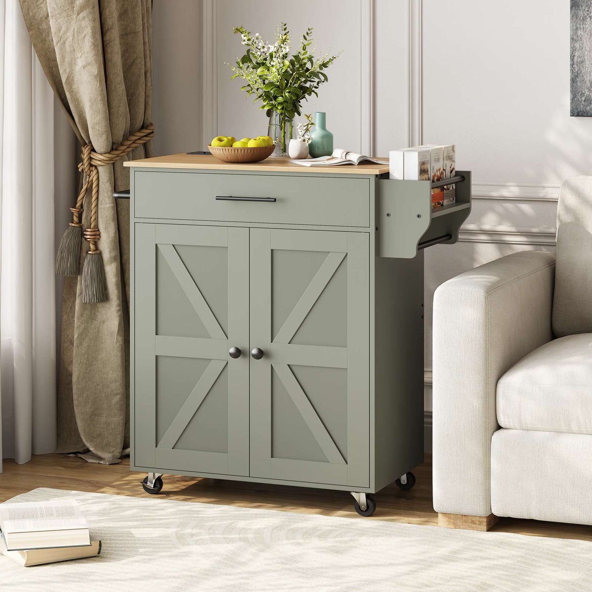 HOOBRO Mobile Kitchen Island Cart with Charging Station and Storage Cabinet