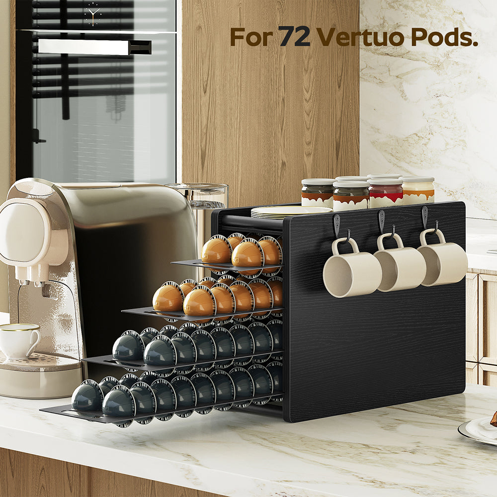 HOOBRO Coffee Pod Drawer Holder, 72 Pods Large Capacity, Compatible with Nespresso Vertuo Pods, Black