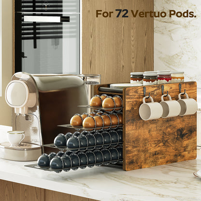 HOOBRO Coffee Pod Drawer Holder, 72 Pods Large Capacity, Compatible with Nespresso Vertuo Pods, Coffee Pod Organizer for Countertop, Space Saving, Rustic Brown