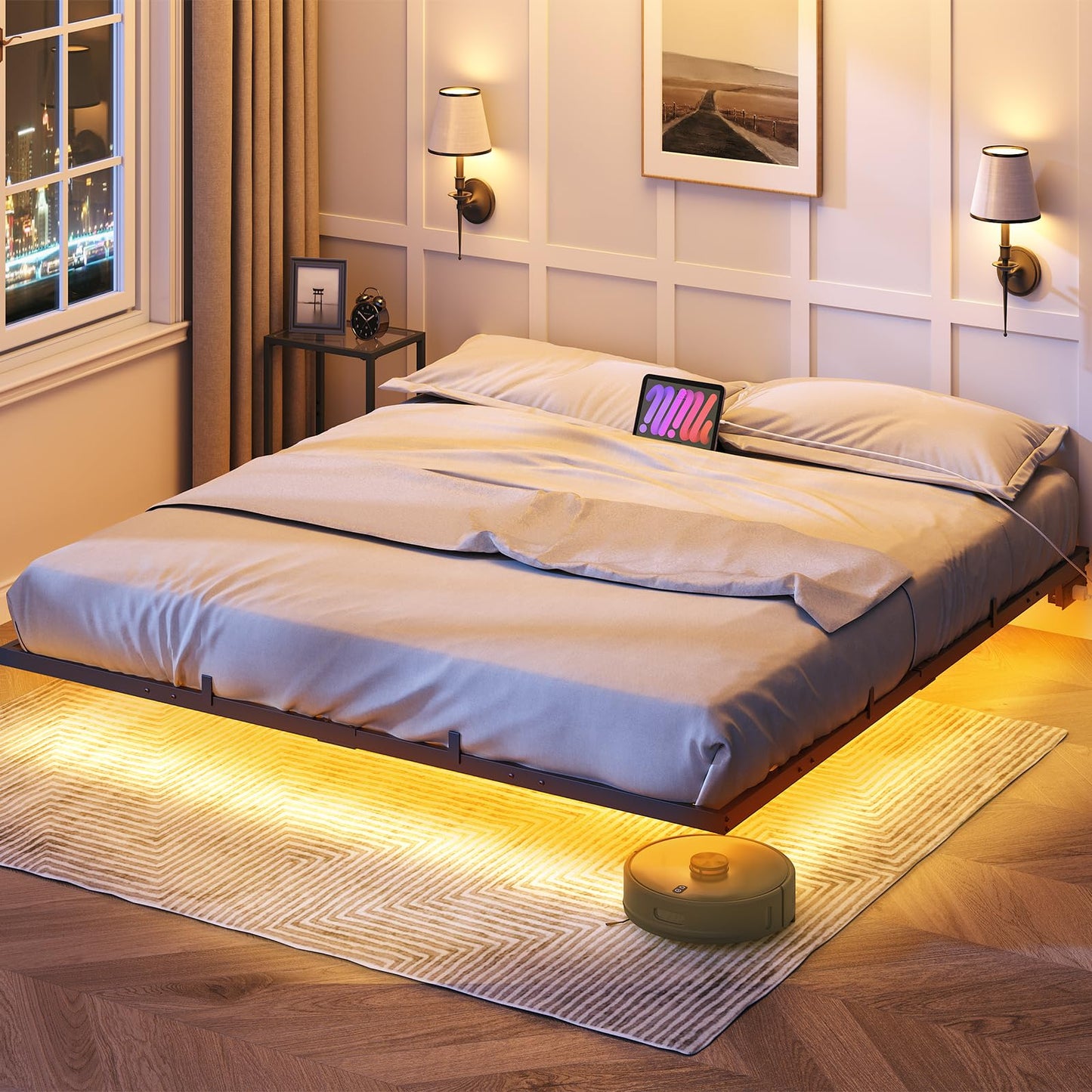 Modern bedroom with a bed, nightstands, and wall lamps.