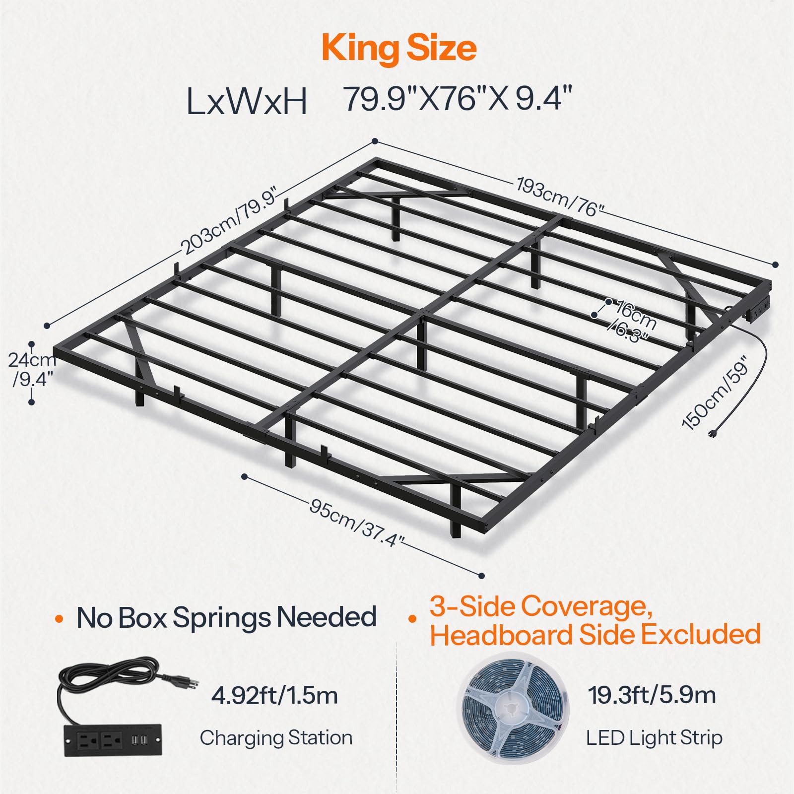 King size metal bed frame with dimensions and features on a white background