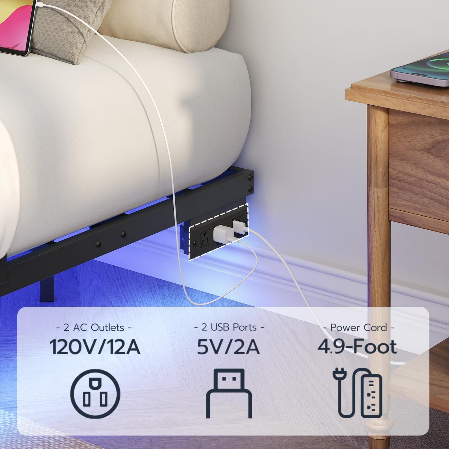 Underbed power strip with outlets and USB ports in a living room setting