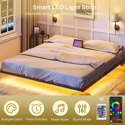 Smart LED light strip in a bedroom setting with control options displayed.