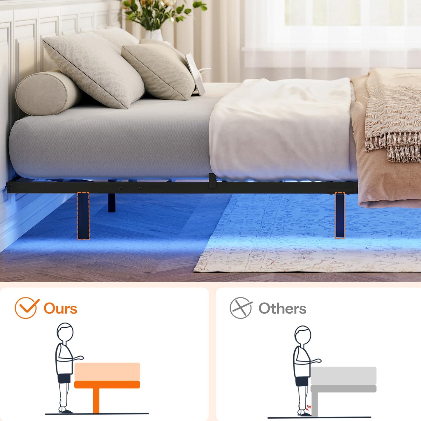 Bed with built-in lighting feature in a bedroom setting, comparing 'Ours' to 'Others'.