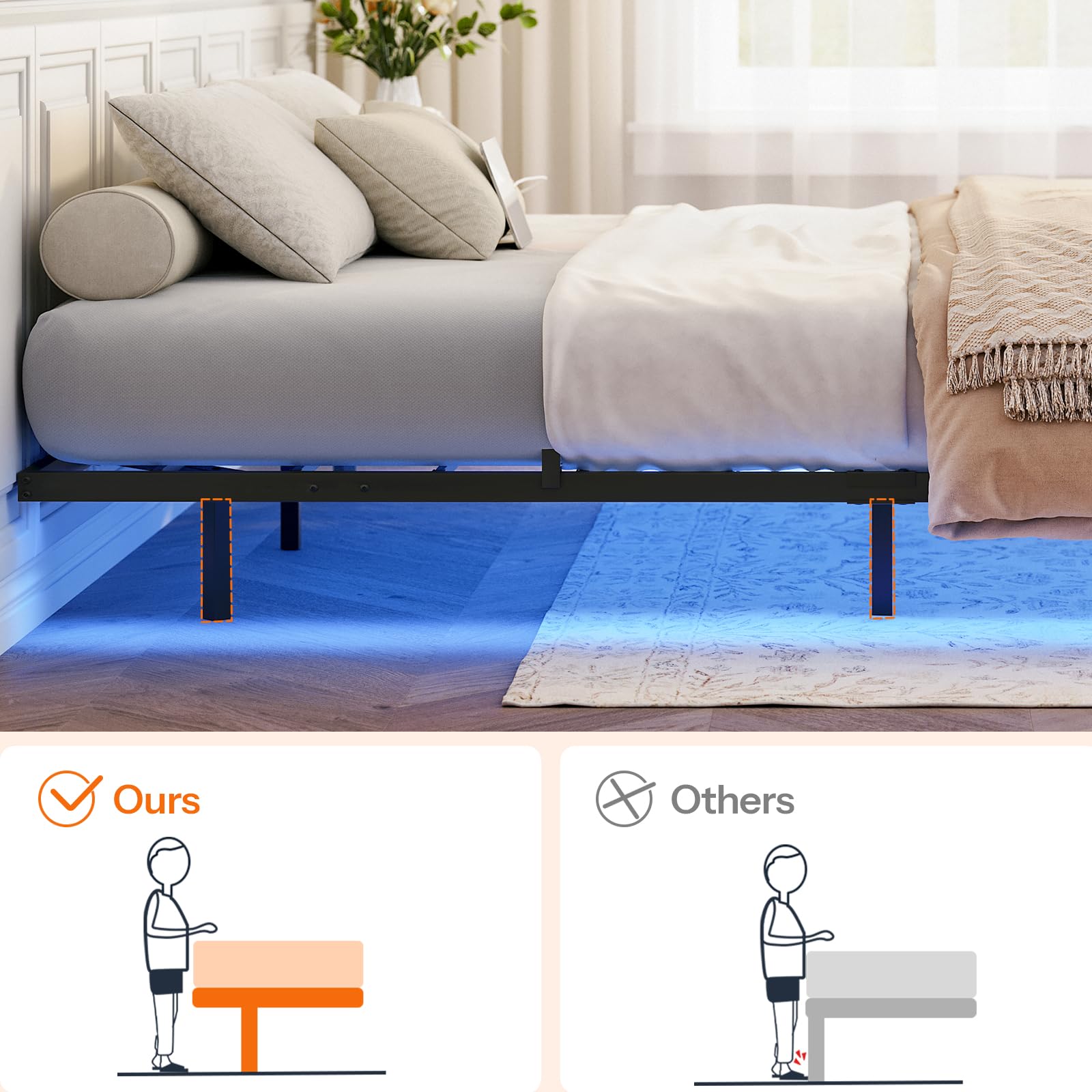 Bed with built-in lighting feature in a bedroom setting, comparing 'Ours' to 'Others'.
