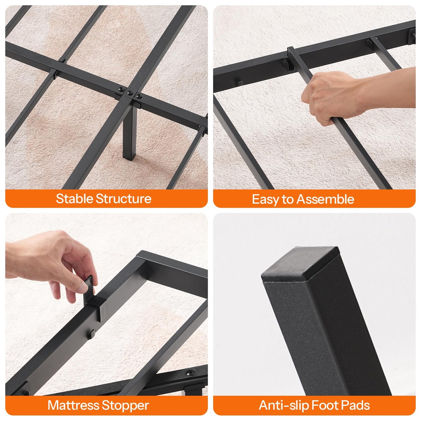 Collage of a metal bed frame with features highlighted on a white background.