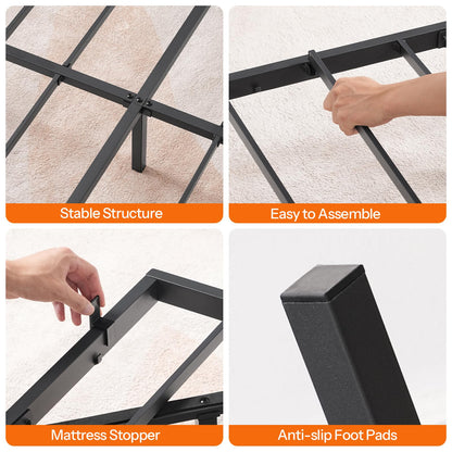 Collage of a metal bed frame with features highlighted on a white background.