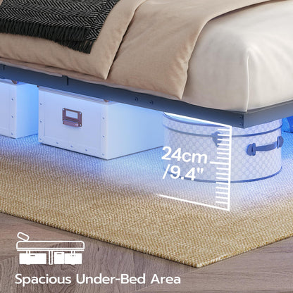 Bed with under-bed storage bins and measurement text on a wooden floor.