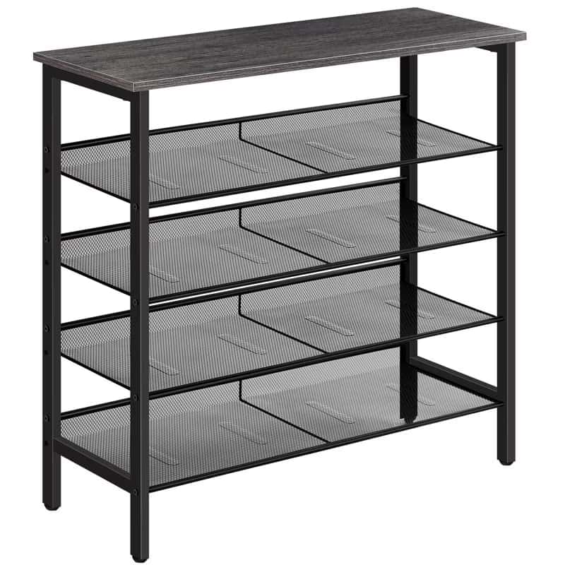 Black mesh shelf with four shelves on a white background