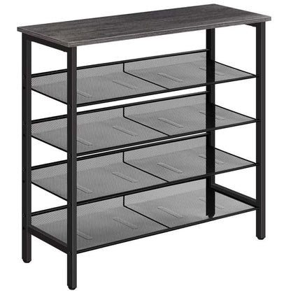 Black mesh shelf with four shelves on a white background