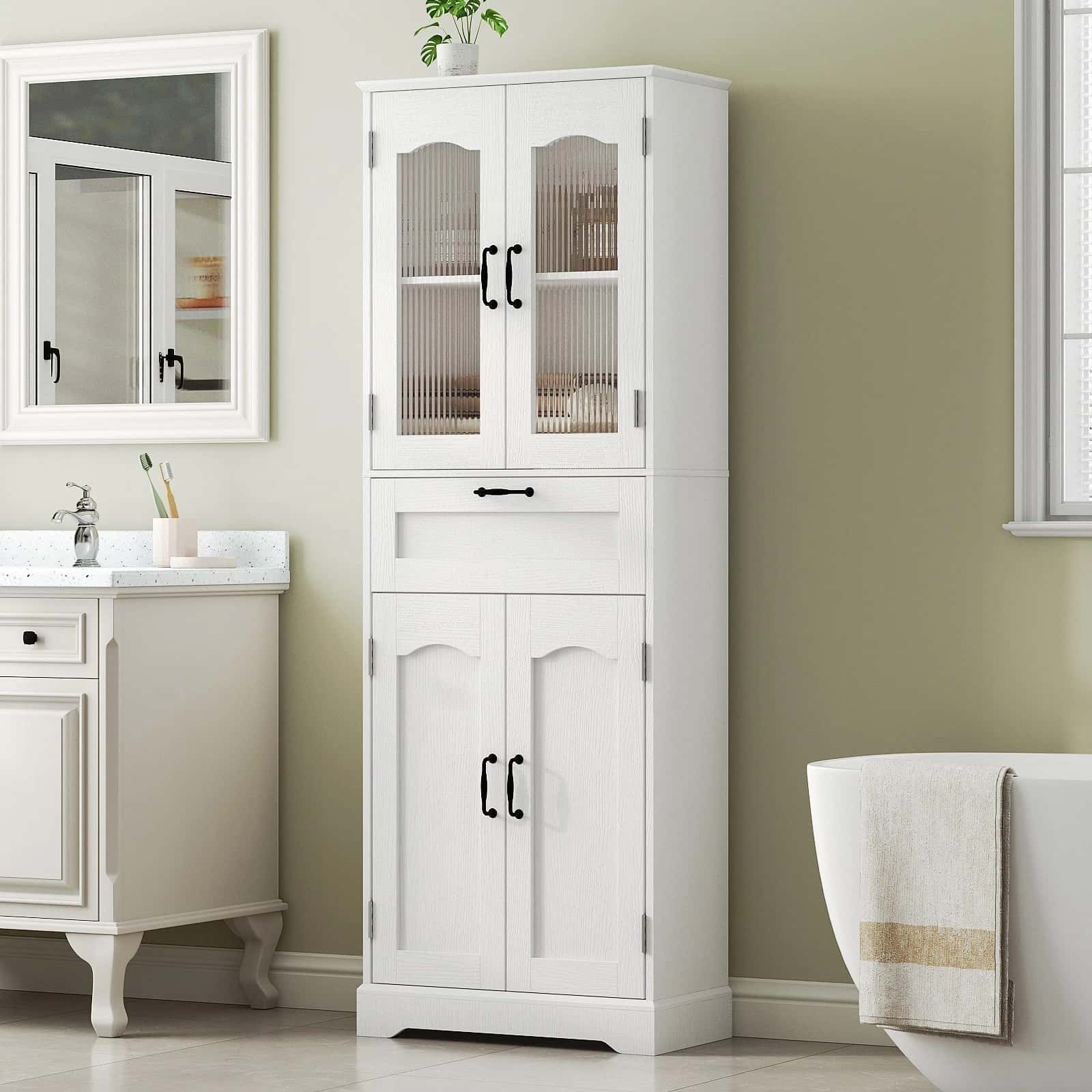 White tall cabinet with glass doors in a bathroom setting