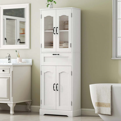 White tall cabinet with glass doors in a bathroom setting