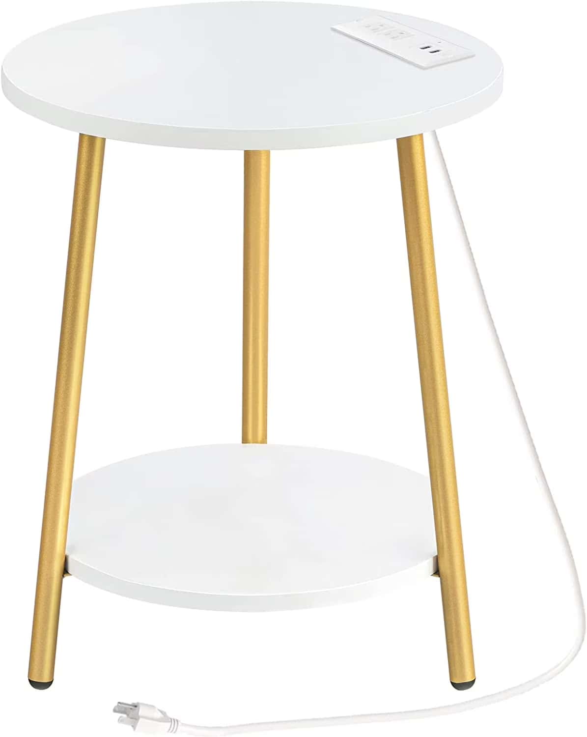 Small round white table with gold legs on a white background