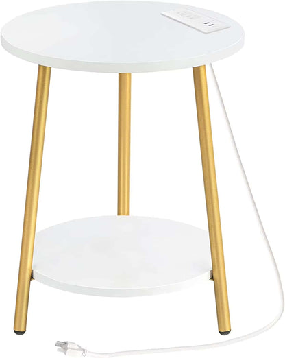 Small round white table with gold legs on a white background