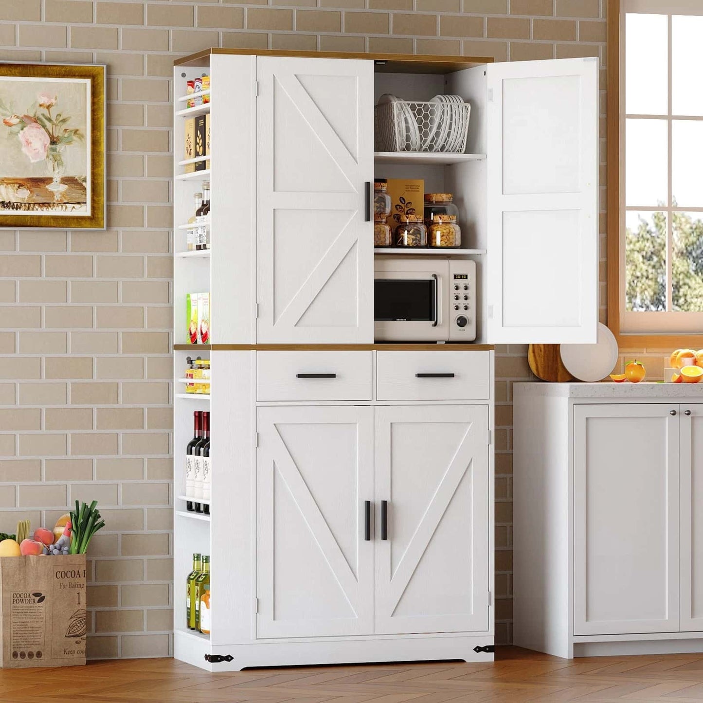 White kitchen pantry with open doors revealing kitchen items, placed against a tiled wall.