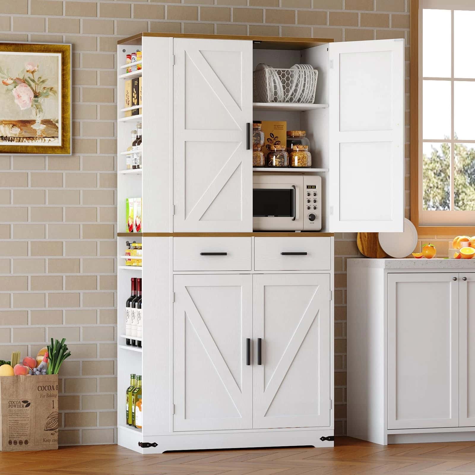 White kitchen pantry with open doors revealing kitchen items, placed against a tiled wall.