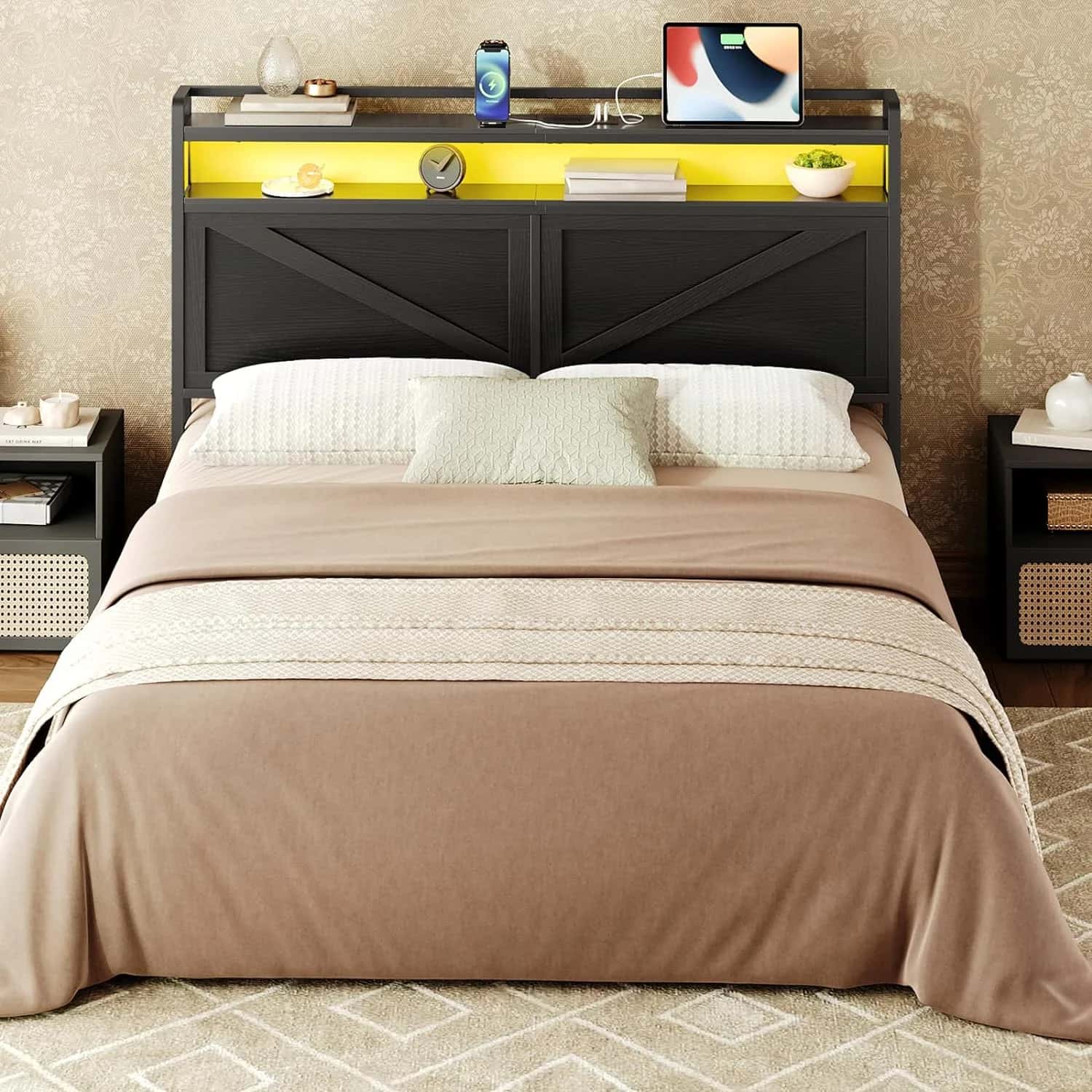 Bedroom setup with a bed, nightstands, and decorative items.