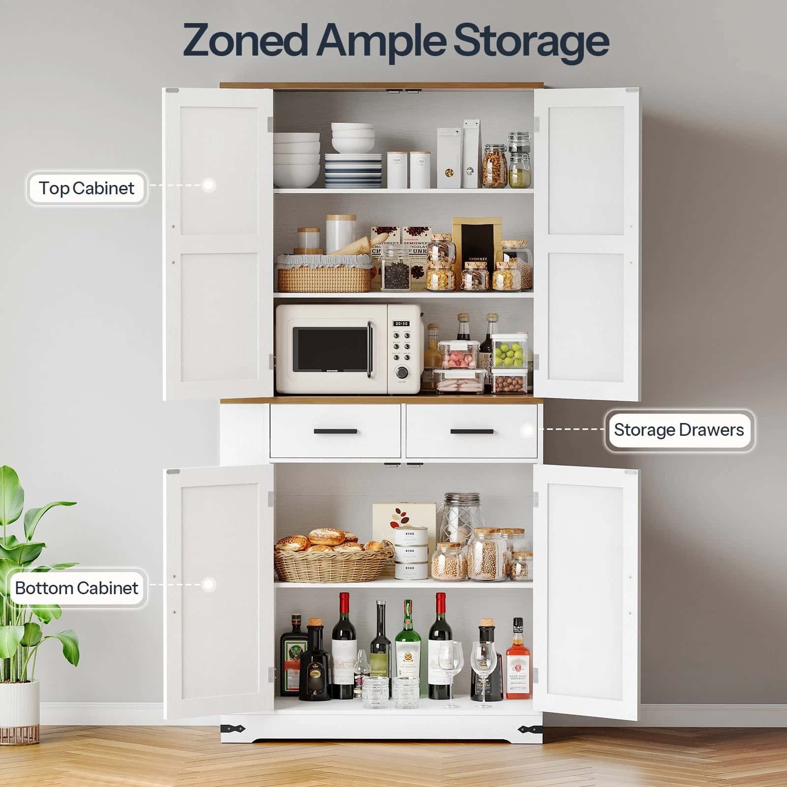 White kitchen pantry with labeled storage compartments on a gray wall background