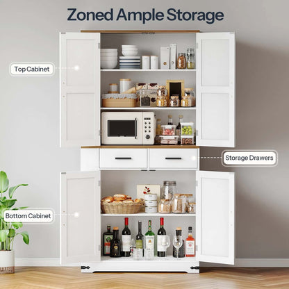 White kitchen pantry with labeled storage compartments on a gray wall background
