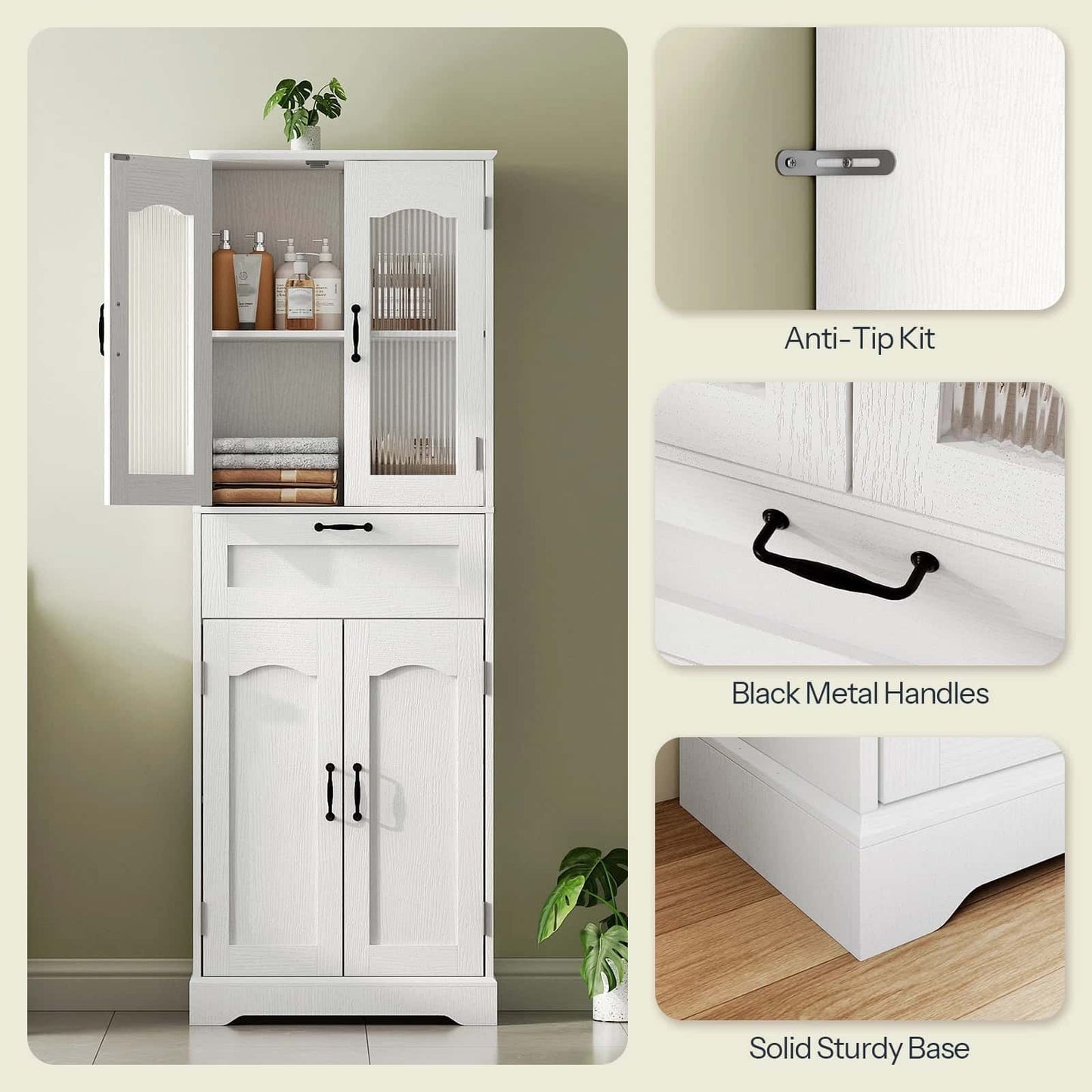 White storage cabinet with glass doors and black metal handles, featuring an anti-tip kit and solid sturdy base.