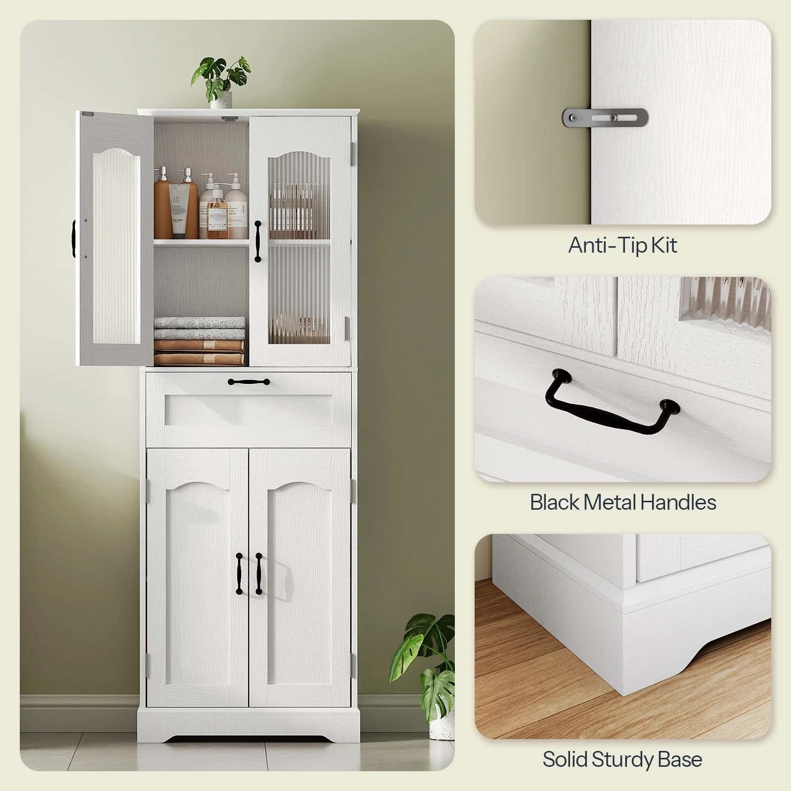 White storage cabinet with glass doors and black metal handles, featuring an anti-tip kit and solid sturdy base.