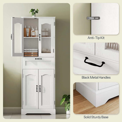 White storage cabinet with glass doors and black metal handles, featuring an anti-tip kit and solid sturdy base.
