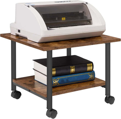 Wooden table with a printer on top and books on a lower shelf.