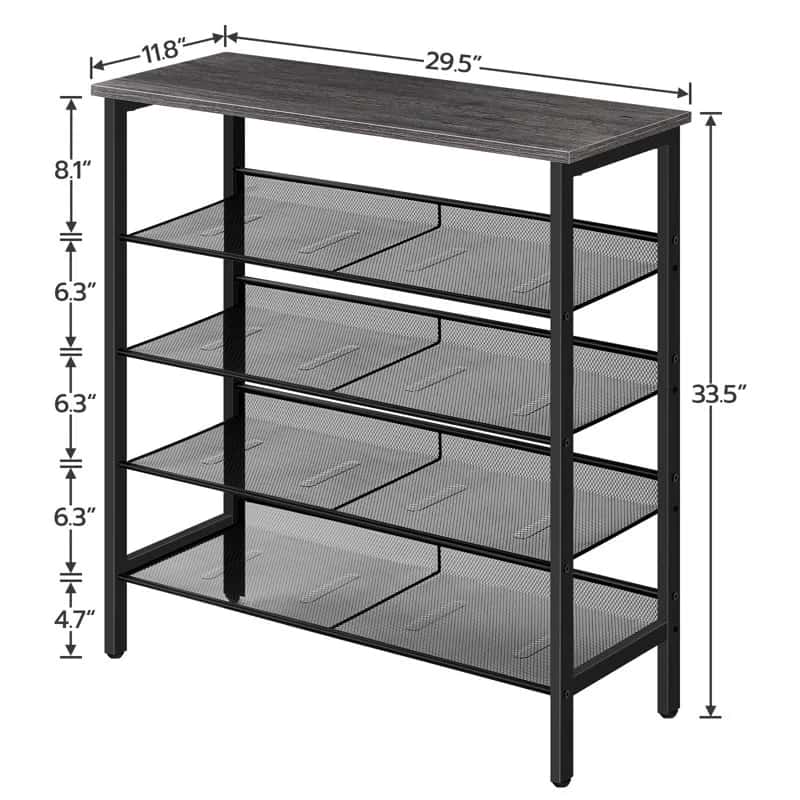 Black metal shelf with dimensions on a white background