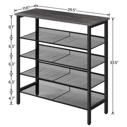 Black metal shelf with dimensions on a white background