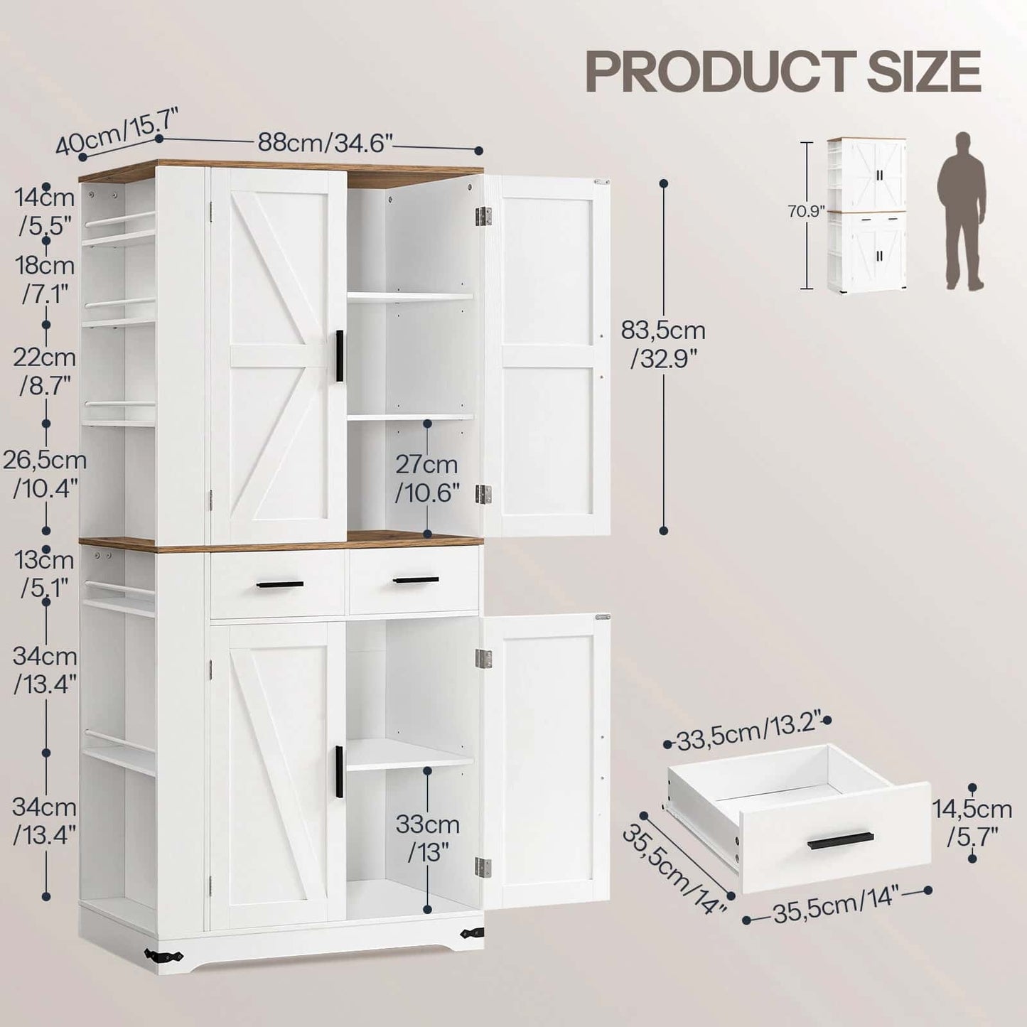 White storage cabinet with dimensions displayed on a beige background