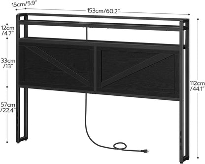 Black metal headboard with dimensions labeled on a white background