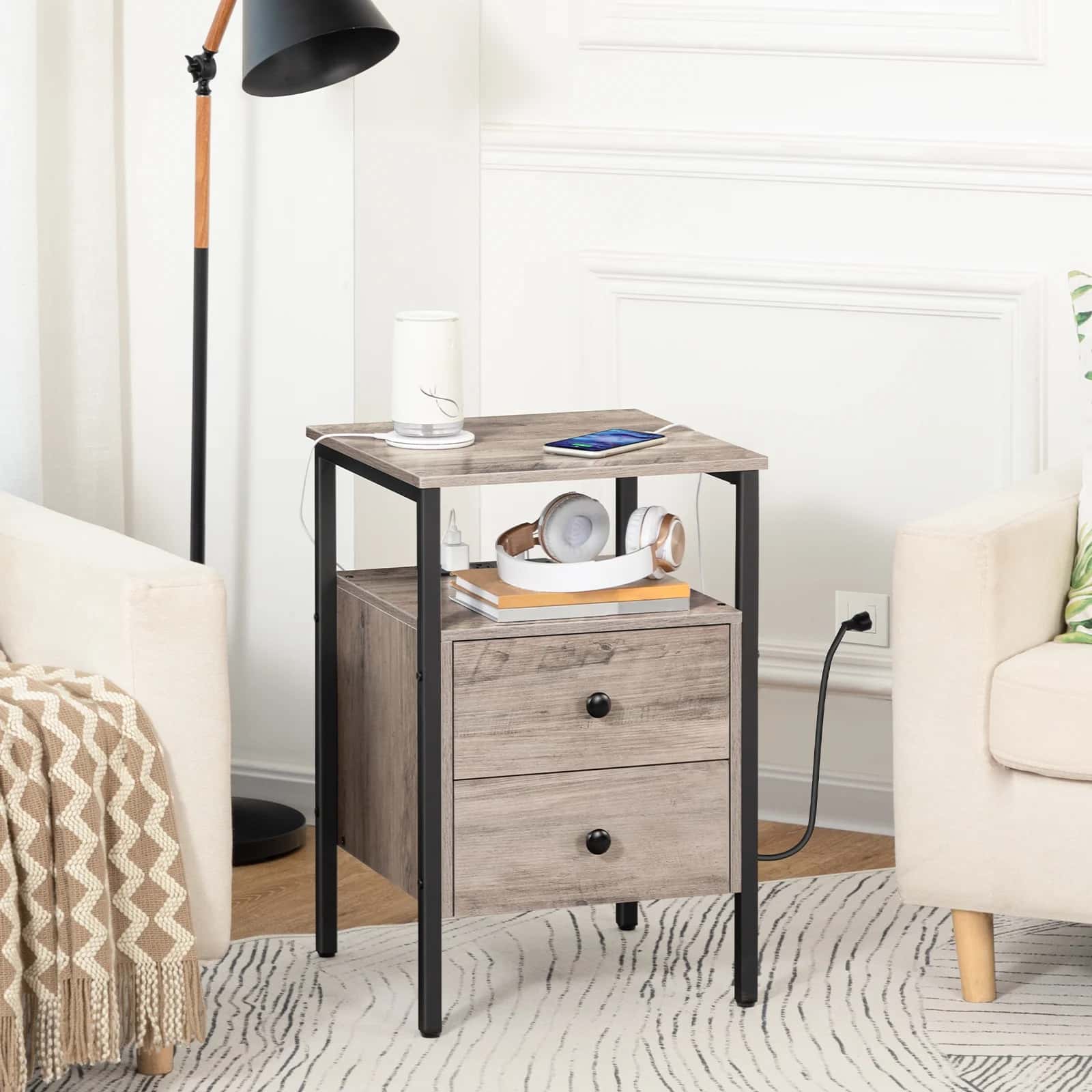 Side table with two drawers in a living room setting