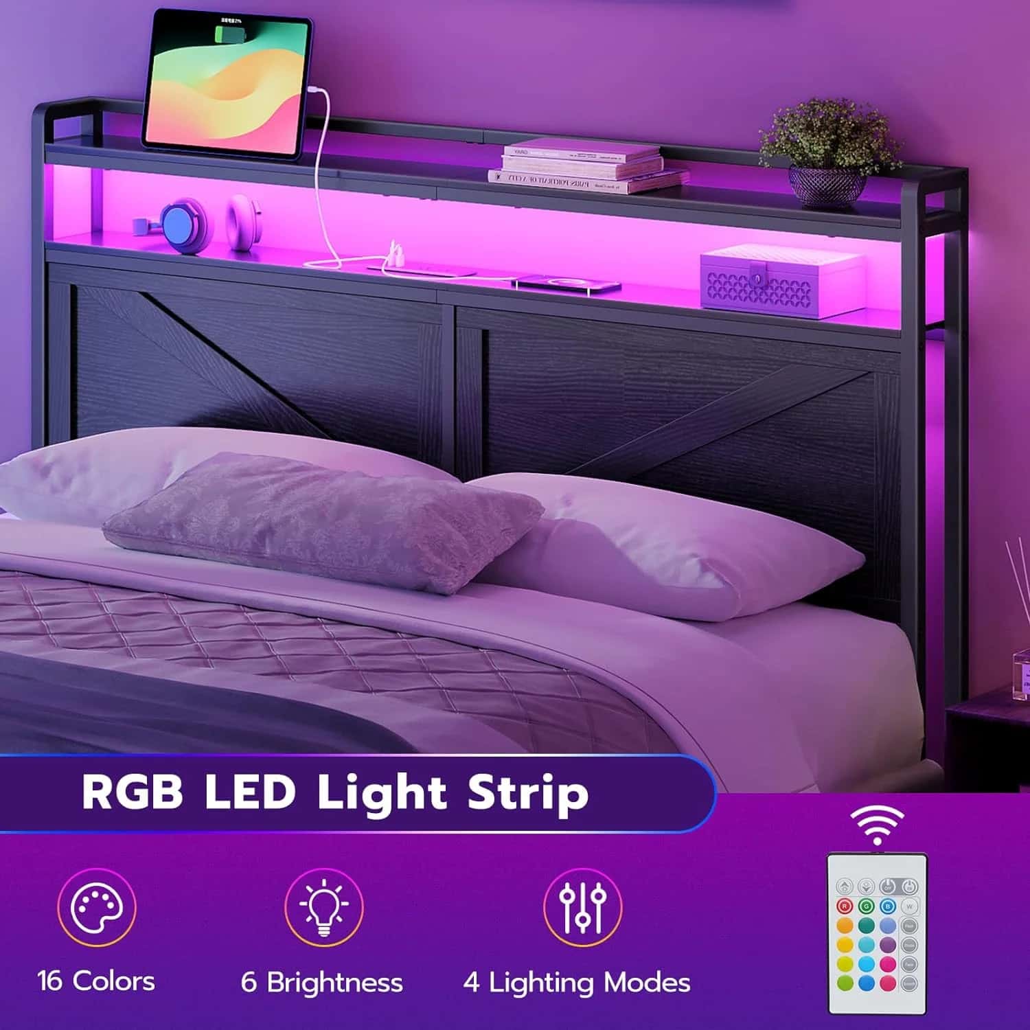 Bedroom setup with an RGB LED light strip on a headboard, displaying color options and control features.