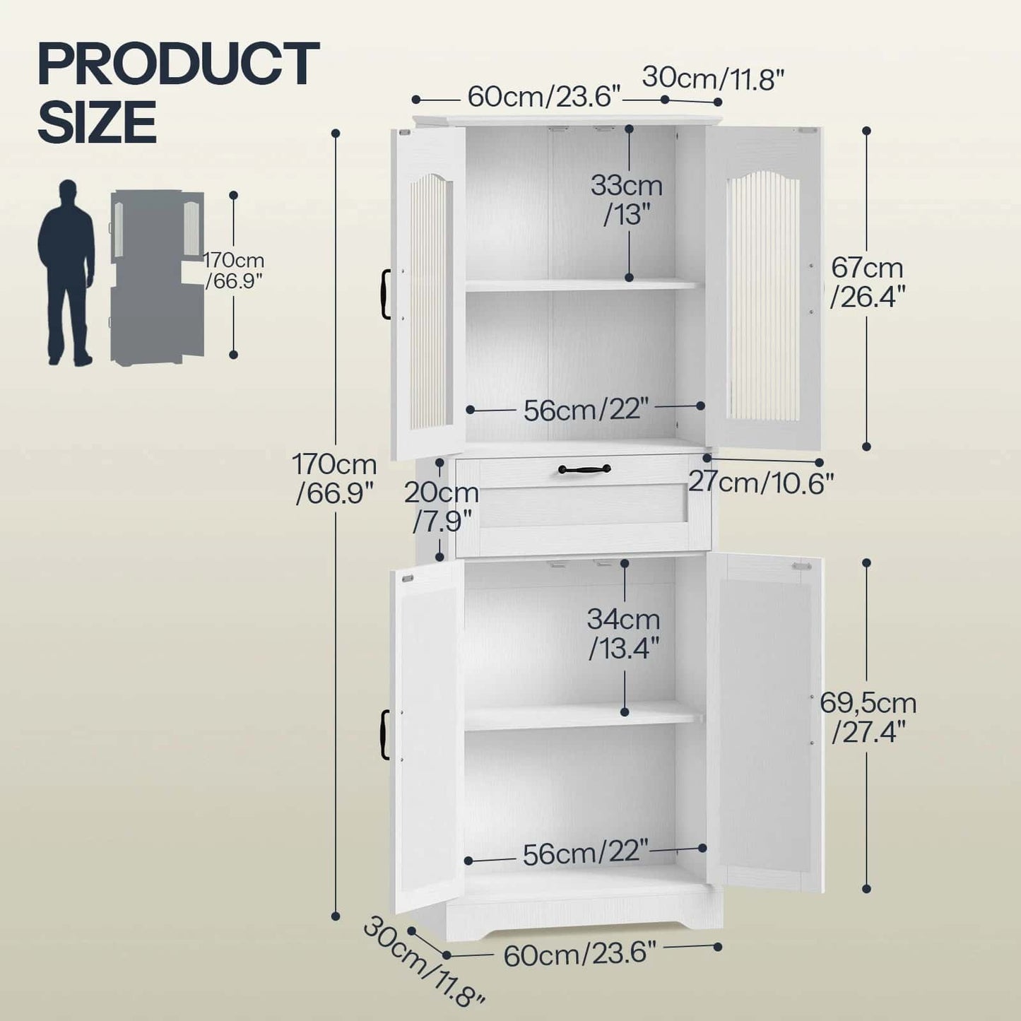 White cabinet with dimensions labeled on a beige background