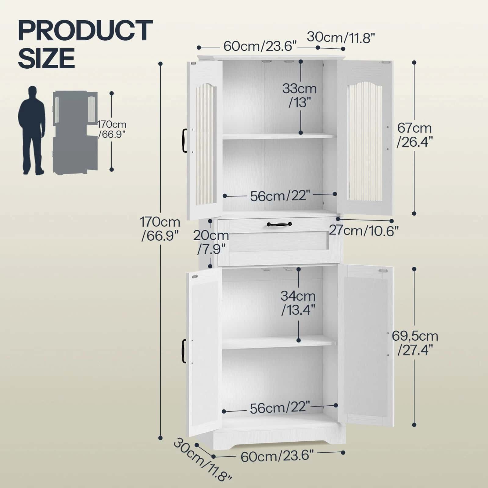 White cabinet with dimensions labeled on a beige background