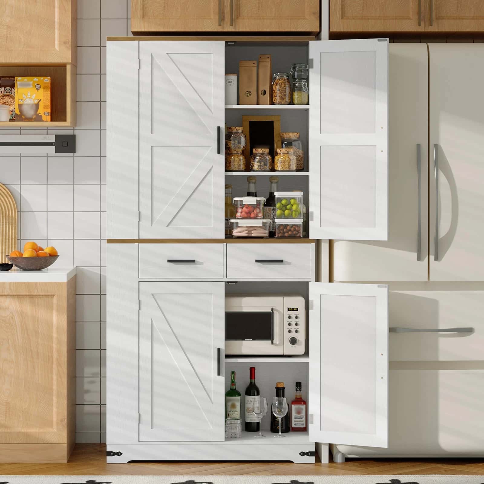 Kitchen with white storage cabinets, refrigerator, and various items inside.