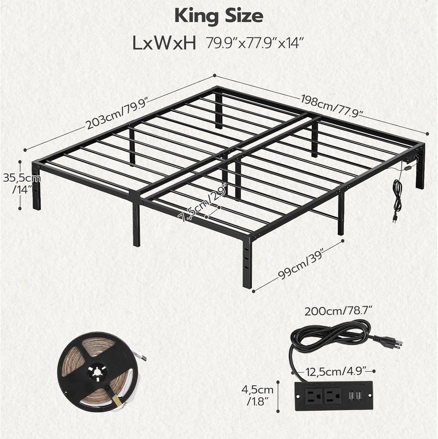 King size metal bed frame with dimensions and power strip on a light gray background