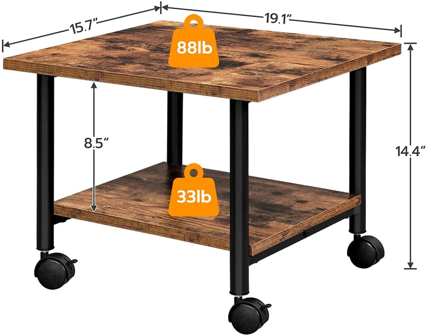Wooden work table with dimensions and weight capacity indicators on a white background