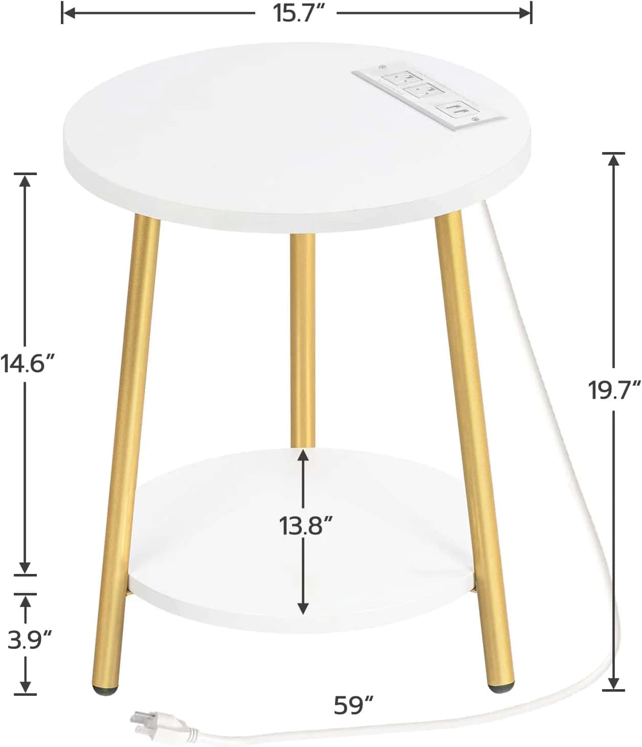 Small round white table with gold legs and power outlet, dimensions shown.