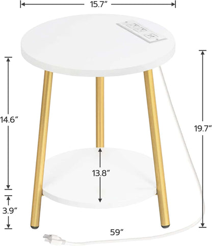 Small round white table with gold legs and power outlet, dimensions shown.