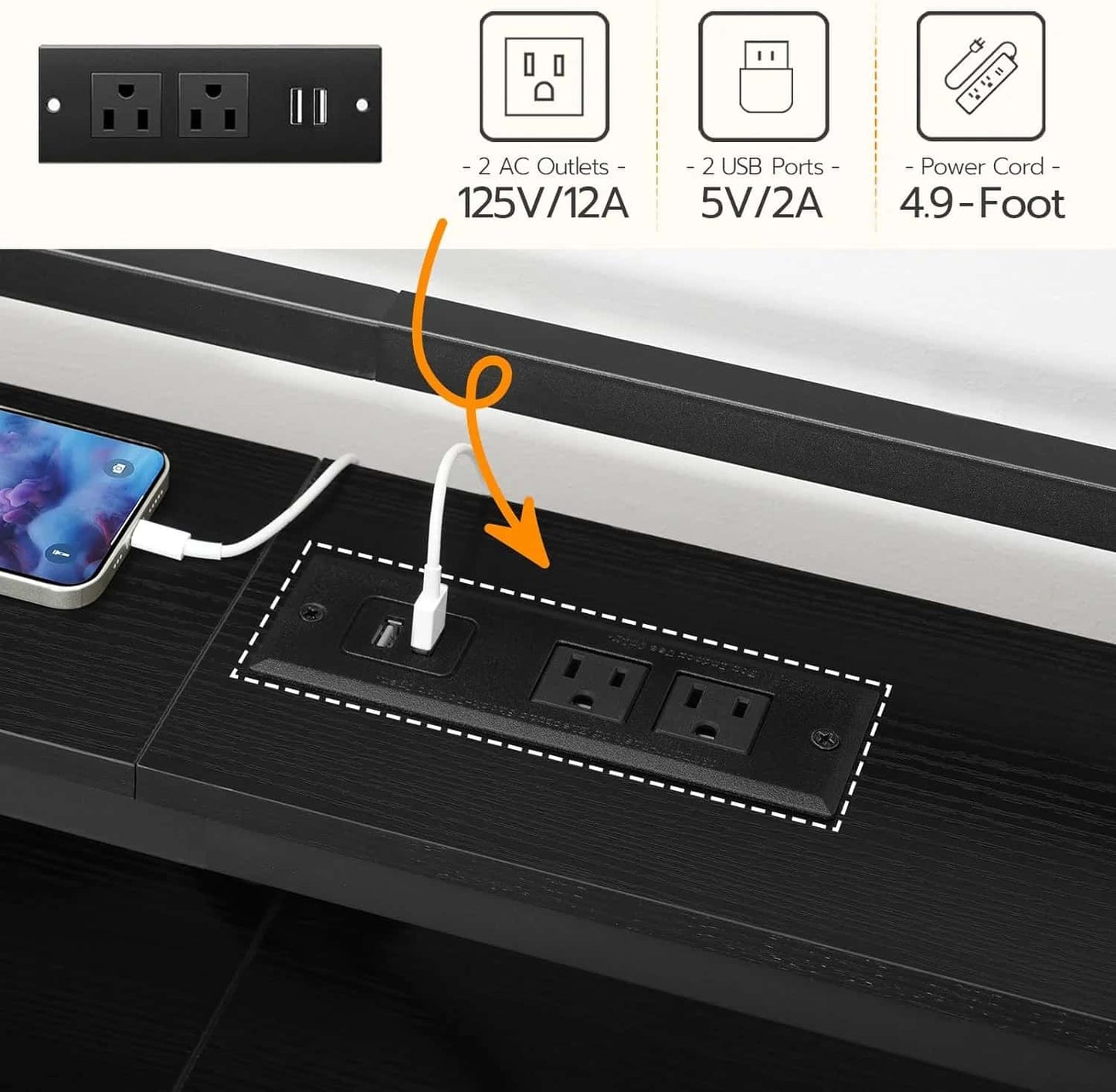 Desk with power outlet and USB ports, showing a phone charging cable.