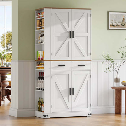 White pantry cabinet with barn door design in a kitchen setting