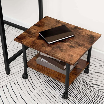 Wooden side table with black metal legs on a patterned rug