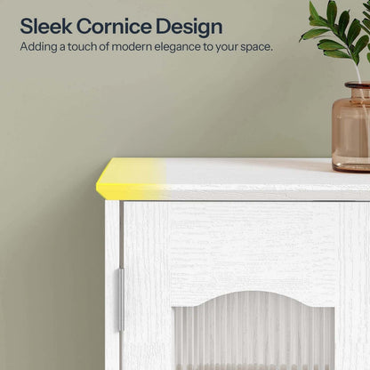 White cabinet with yellow top against a beige wall, featuring text about sleek cornice design.