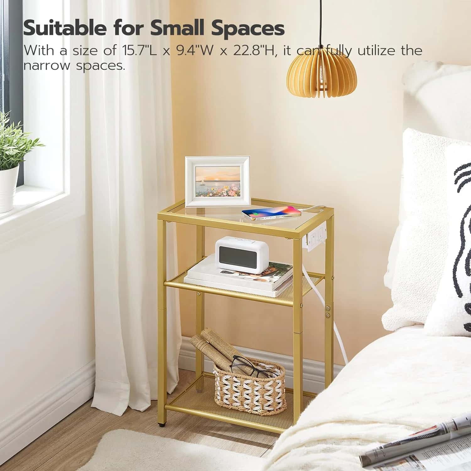 Gold nightstand with shelves in a bedroom setting, suitable for small spaces.