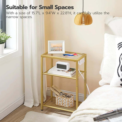 Gold nightstand with shelves in a bedroom setting, suitable for small spaces.